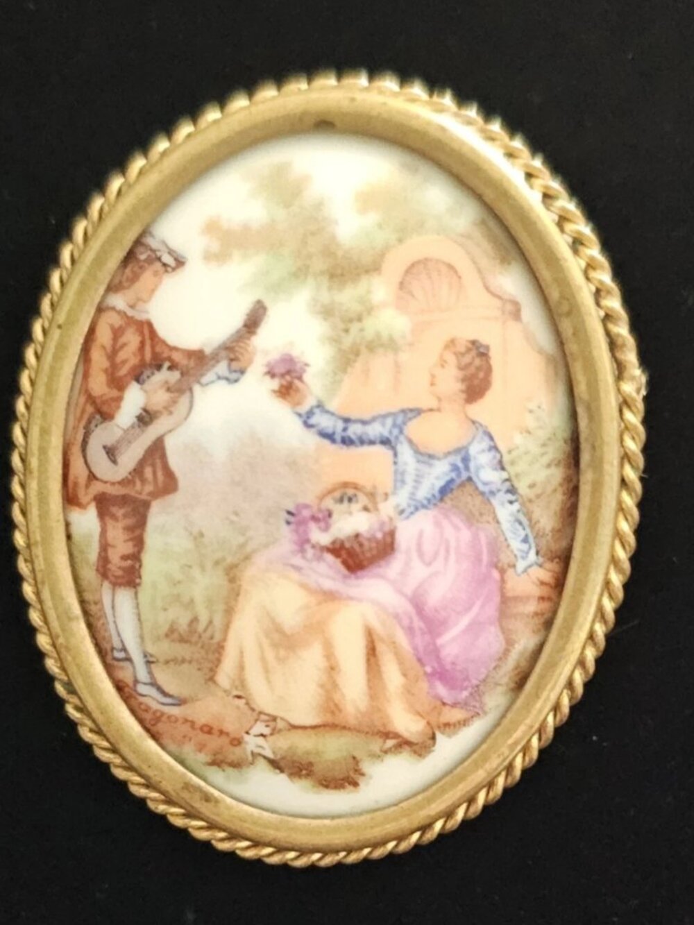 Vintage Limoges France Porcelain Brooch Pin Courting Couple Fragonard Scene